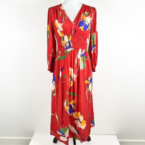 Shoshanna Emanuela Floral Smocked Waist Midi Dress Red Long Sleeve V-Neck 4 NWT - Picture 3 of 16